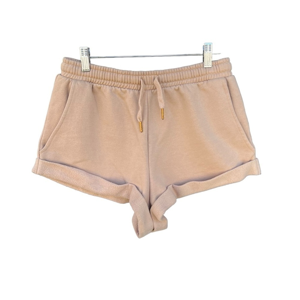 We Wore What Pull-On Sweat Lounge Shorts Tan Medium Rolled Hem Pockets GUC
